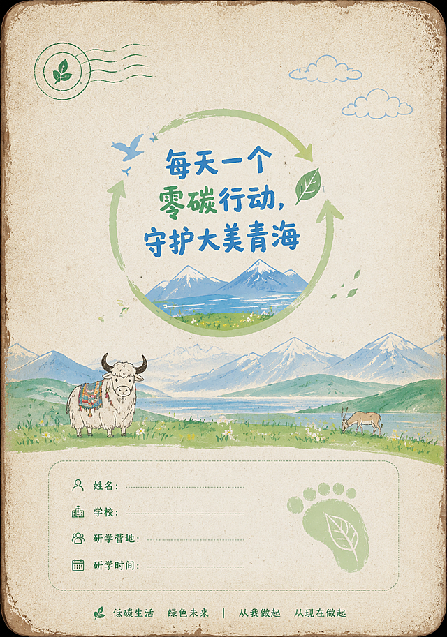 设计儿童研学手册“零碳护照——青海生态研学”的封底，尺寸和封面一致（14x20cm），保持整体风格统一：活泼手绘+自然质感，再生纸纸张纹理，边缘做旧仿护照风格。延续蓝、绿、白色调，可以适当添加青海风光小元素（比如小草小花，远山剪影），预留底部印刷信息区域，整体简洁协调，呼应生态研学和零碳主题，标语保持“每天一个零碳行动，守护大美青海”。