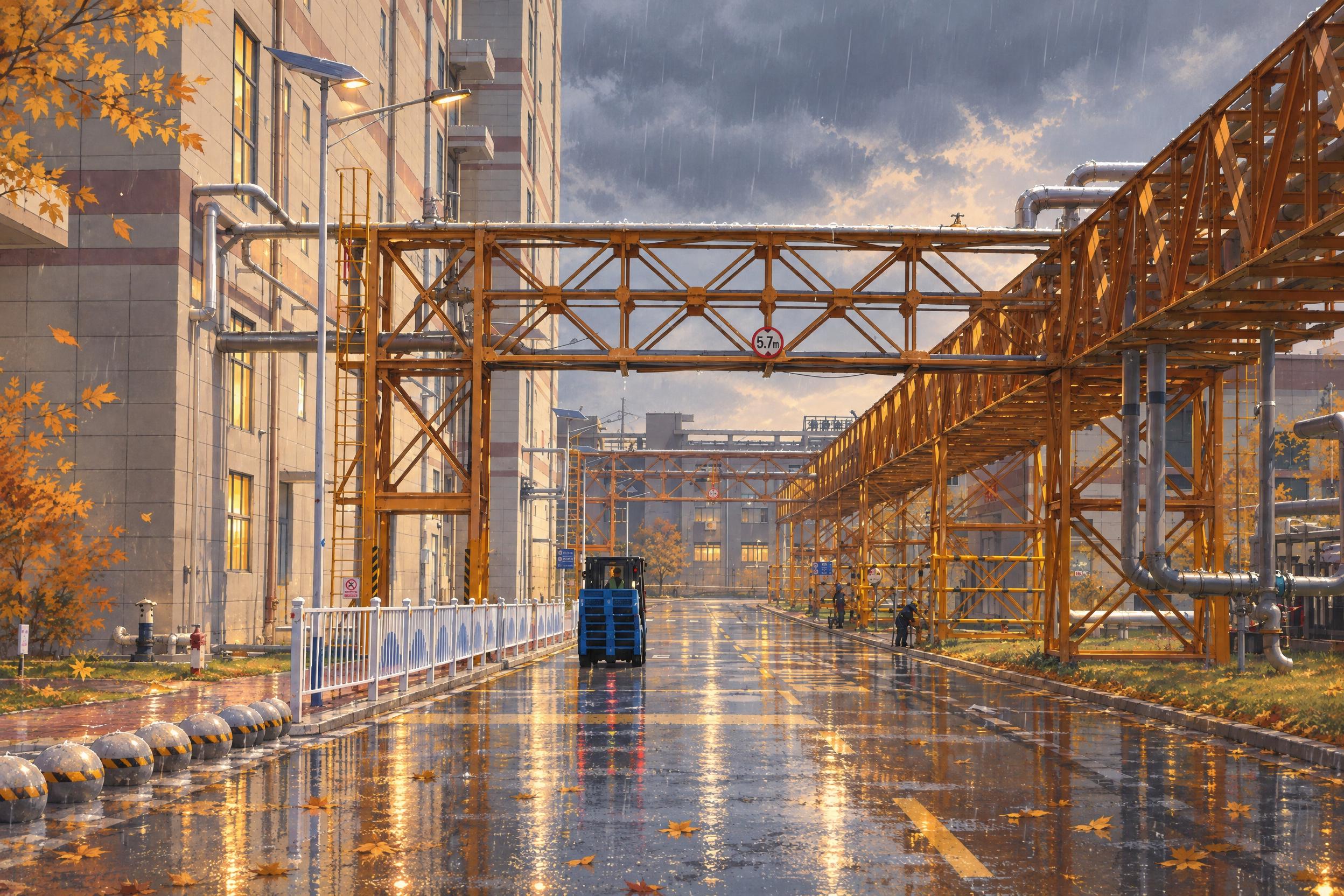 将这张工厂园区道路照片转换为动漫风格，秋天雨季的氛围，天空阴沉… - 图片创意预览
