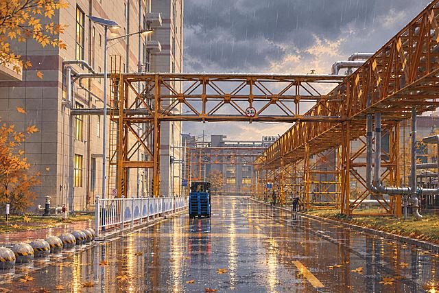 将这张工厂园区道路照片转换为动漫风格，秋天雨季的氛围，天空阴沉飘着细雨，地面湿润有水渍反光，地上散落着几片泛黄的打湿落叶，整体色调偏暖黄与灰蓝交织，日系动漫插画风格，画面细腻，光影柔和，保留原场景的建筑、管道桁架、道路和叉车的构图布局