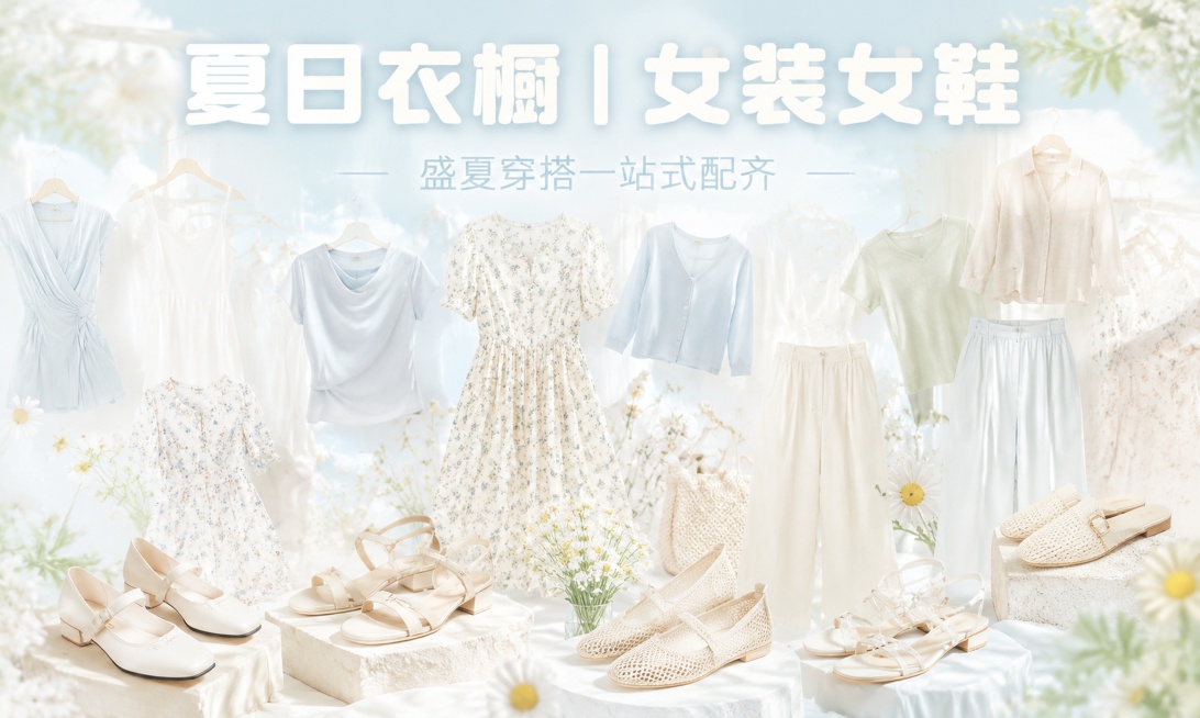 明亮高级夏日清新风女装女鞋直播背景，整体温柔治愈浅色系亮调。主色为奶白、浅晴空蓝、薄雾嫩绿、浅杏色，整体高亮度低饱和，通透夏日感，干净温柔不刺眼。全屏铺满构图，不需要预留主播空白站位，画面饱满不空，整预览效果
