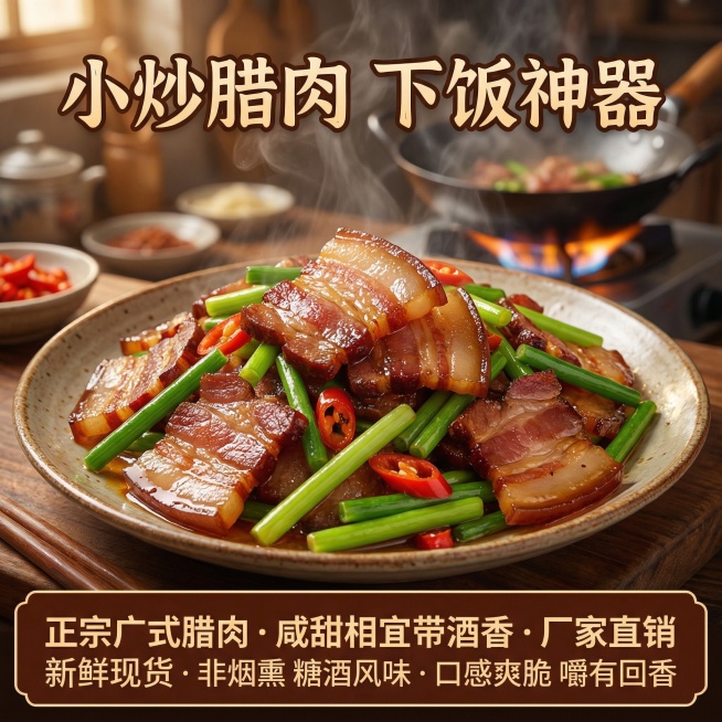 这张图片是产品主体这款产品是广式腊肉 我需要设计20张主图在拼多多上面售卖    主图场景布局可以用厨房 炒腊肉 腊肉细节等设计一个高级有食欲一些主图文案内容 正宗广式腊肉 厂家直销 新鲜现货 咸甜相预览效果