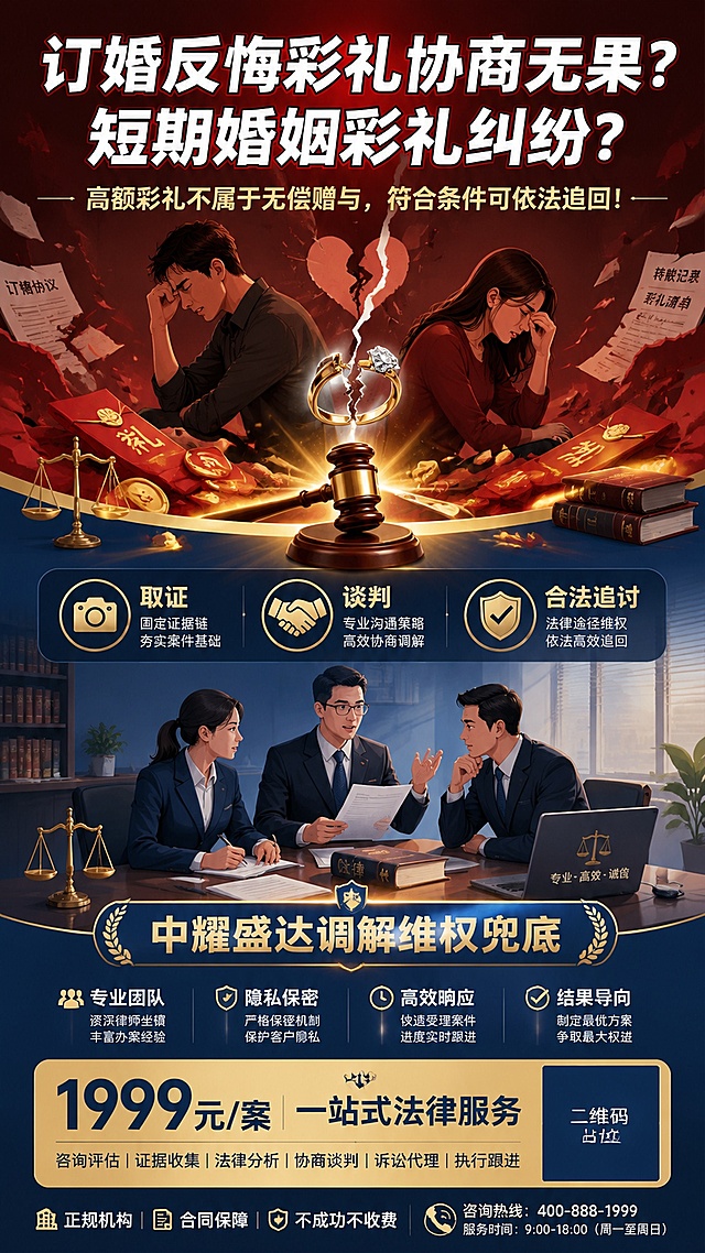 一张9:16竖版法律服务海报，现代简约+情绪化插画风，用对比色（焦虑的暗红/深灰 vs 解决方案的深蓝/金色）强化视觉张力。画面体现彩礼纠纷问题与法务解决方案的对比。

构图：竖版居中分层排布，顶部主标题冲击感强，副标题紧随其后，中部图文结合展示法务场景，底部价格与品牌信息。

画面上半部分（焦虑区）：暗红色调情绪化插画，表现一对情侣争执、破碎的婚约戒指、散落的彩礼红包/金币，人物表情焦虑无奈，背景有撕裂感纹理，营造纠纷困扰的压抑氛围。

画面中部（过渡区）：一道鲜明的分界线（如法槌、天平、法律书籍的插画元素）将焦虑区与解决方案区分隔，象征法律介入。

画面下半部分（解决方案区）：深蓝与金色调，专业法务场景插画——律师团队讨论案情、法律文件、天平、法槌符号，光线明亮温暖，给人安全感与希望。

文字布局：
- 顶部主标题（白色粗体大字，带红色描边或阴影）："订婚反悔彩礼协商无果？短期婚姻彩礼纠纷？"
- 主标题下方副标题（金色或白色）："高额彩礼不属于无偿赠与，符合条件可依法追回！"
- 中部三个服务标签（图标+文字）："取证" "谈判" "合法追讨"
- 中下部品牌背书："中耀盛达调解维权兜底"
- 底部醒目价格区（金色底深色字或深色底金色字）："1999元/案 一站式法律服务"

整体风格：扁平插画结合现代简约排版，线条干净，色彩对比强烈，情绪张力足，版式精美，专业可信。

画面中所有二维码区域使用纯色方块占位符呈现，方块中央标注"二维码占位"文字，严禁生成任何可识别的二维码图案。
画面中所有信息区域、套餐卡片、价格表格、权益列表、对比模块、福利条目、课程大纲、议程、嘉宾介绍区等必须填充完整合理的内容，不得出现空白框、空白占位、横线待填写区域、空列表项、空单元格；用户未提供具体内容时，基于海报主题和场景合理补全典型内容，确保是完整可用的成品海报而非待填写模板。
画面中所有数字必须精确渲染，不得错位、遗漏或编造。