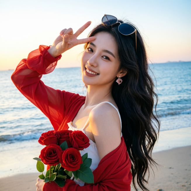 参考提供图片，保持相同动作：手在额头前比V，抱着红玫瑰花束，海边日落背景，墨镜推在头顶，红色开衫，深色大波浪长发，要求和参考图人物差异非常大，生成另一张全新不同美女的正方形头像，高清晰，精致五官，人物预览效果