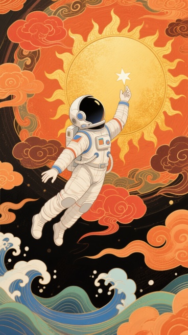 中国传统风格插画，一位手摘星辰的宇航员，全身漂浮形态，仰面朝上，头部戴着宇航员头盔，背景是巨大的金色圆形太阳，周围环绕着橙红、赭石色的祥云和波浪状卷曲纹样，整体色调以暖橙色、金色为主，点缀蓝色和绿色，预览效果