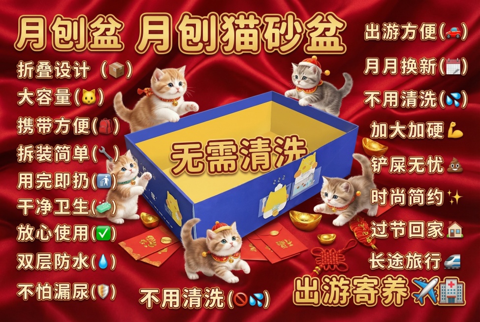 这张图片是产品主体这款产品是一次性猫砂盆 产品主体颜色不改变 我需要设计20张主图在拼多多上面售卖   主图场景布局设计用过年喜庆 小猫等 等背景元素 整体色调喜庆一些，可爱 显得高级一些  主图文案预览效果