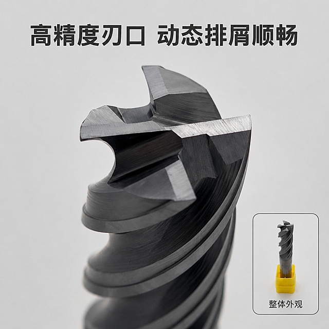 [主图-3] 铣刀刃口工艺细节微距特写。
[氛围风格] 专业质感，微距细节，突出工艺优势。
[画质] 超微距商业摄影，细节清晰锐利，纹理真实可见。
[元素] 铣刀切削刃口部位放大特写，占据画面70%以上，清晰展示螺旋纹路和刃口锋利度。保持刃口结构、材质、颜色和原图完全一致，精细化处理，去掉原图杂质划痕。背景为纯净浅灰色，突出刃口细节。右下角加一个小画中画框，展示完整铣刀整体外观，标注"整体外观"。
[光影] 侧光打亮刃口，高光勾勒刃线，阴影体现螺旋深度，纹理细节清晰有层次。
[配色] 浅灰背景，黑灰金属主体，文字深灰色，对比强烈。
[视角构图] 微距俯视特写，主体居中，右下角小画中画补充整体，构图层次分明。
[文字版式] 顶部主标题写"高精度刃口 动态排屑顺畅"，居中粗体。画中画下方标注小字号说明文字，不抢主体。
[输出要求] 1:1比例，文字清晰可辨，超高清微距商业摄影质感。
[负向提示词] 变形，文字错乱，背景杂乱，水印，平台Logo