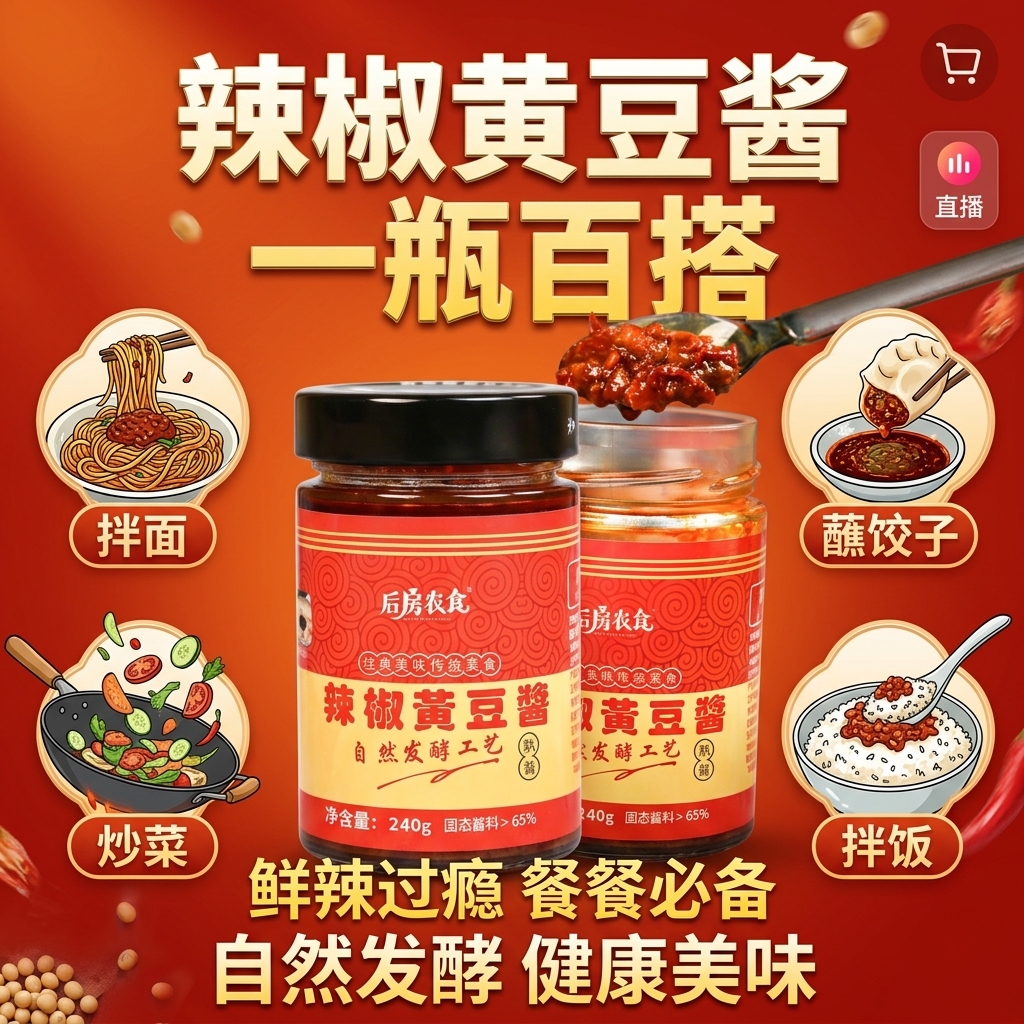 抖音电商主图，1:1正方形，辣椒黄豆酱多场景百搭主图，画面中心… - 图片创意预览