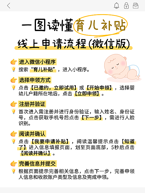 扁平插画风育儿补贴线上申请流程知识分享小红书配图