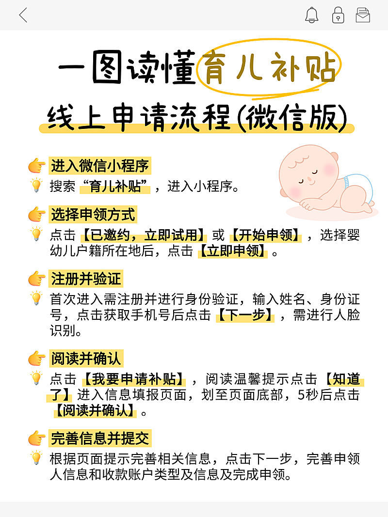 扁平插画风育儿补贴线上申请流程知识分享小红书配图