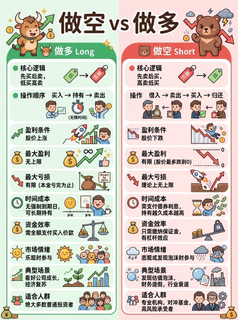 卡通插画，内容清晰展示股票做空和做多对比，左侧：做多Long，包含核心逻辑先买后卖低买高卖，操作顺序买入→持有→卖出，盈利条件股价上涨，最大盈利无上限，最大亏损有限本金亏完为止，时间成本无强制到期日可预览效果