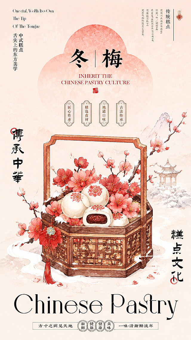 参考提供的图片风格，国风水彩中式糕点海报，构图是竖版，上半部分标题，中间是盛放梅花的中式提盒，整体风格是淡彩国风插画，标题为"冬梅"，保留"传承中华"文字、"糕点文化"文字、"Chinese Pastry"英文排版，国潮淡彩，传统中式风格，红白低调色调，冬季梅花主题
