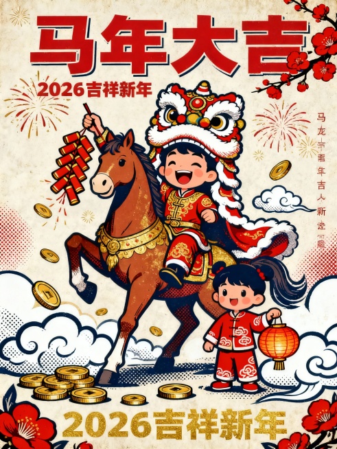 一幅喜庆的“马年”贺年海报。画面中展现出一匹迷人的人形马，它身着华丽的红金服饰，头戴逗趣的狮子舞帽，正笑着举起爆竹，身旁还站着一个身着云纹红衣、手持灯笼的儿童。场景中点缀着大量经典的农历新年元素：散落预览效果