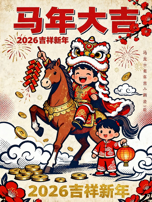 国潮风插画，卡通人物骑马舞狮，融合鎏金元素与印刷纹理，喜庆吉祥，充满新年氛围。