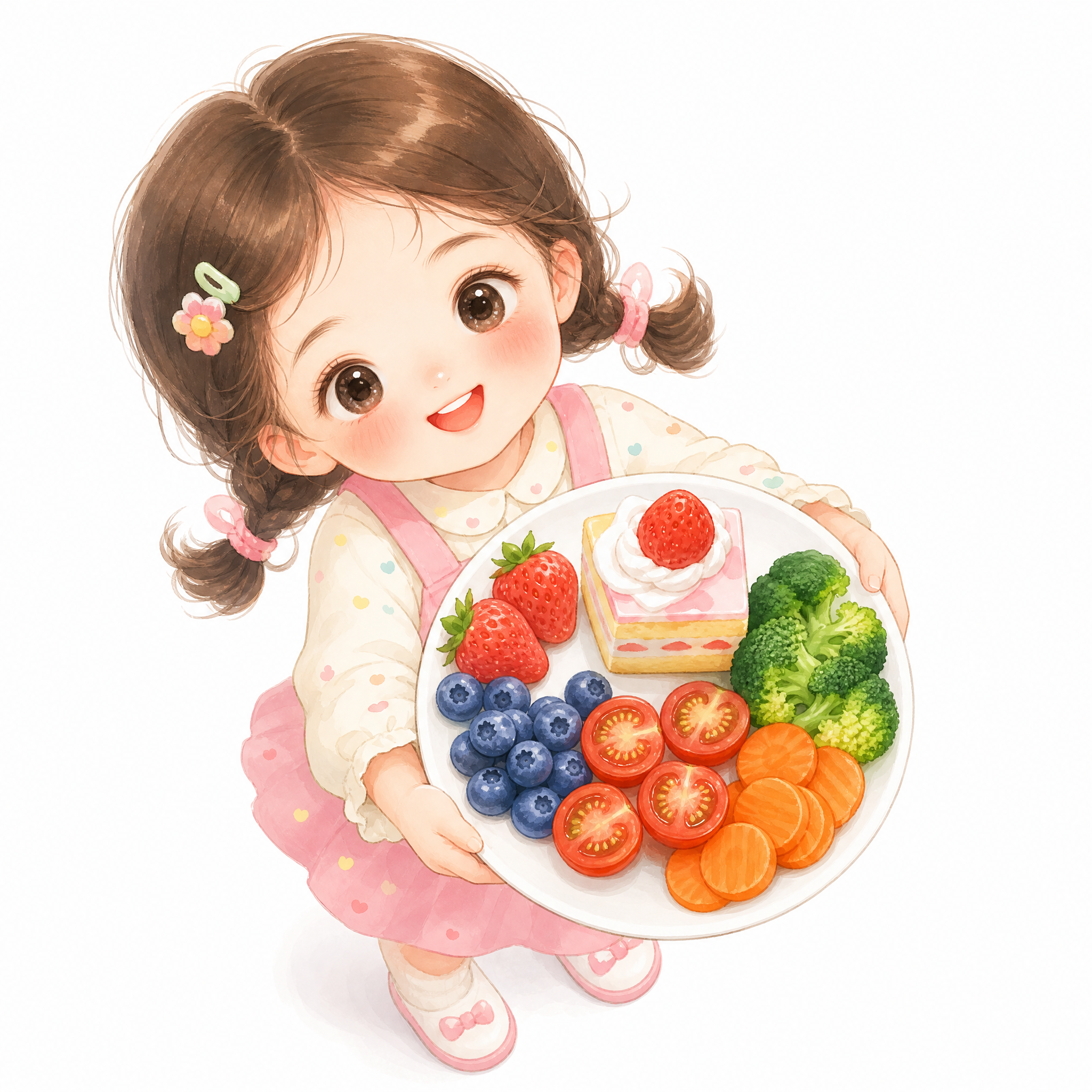 插画风格，一个可爱的小女孩双手捧着一个白色圆形盘子，盘子里放着… - 图片创意预览