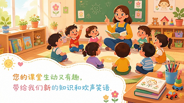 幼儿园教师节PPT第三页，卡通手绘风格，老师在课堂上给小朋友们讲课，小朋友们围坐成一圈认真听讲，有的举手发言，教室里有书本、画笔、玩具、小植物，老师脸上带着温柔的笑容，阳光从窗户洒进来，画面温馨快乐，色彩明亮活泼，适合幼儿园风格，画面下方或一侧留白放文字，文字内容是'您的课堂生动又有趣，带给我们新的知识和欢声笑语'