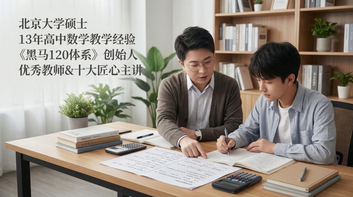 按照以下要求重新生成5张
老师在辅导学生高中数学作业，学生年纪在16岁左右，老师替换成这张，并且在图片内加上北京大学硕士
13年高中数学教学经验
《黑马120体系》创始人
优秀教师&十大匠心主讲
文字预览效果