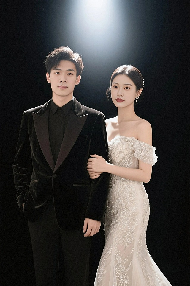 男生在左，女生在右，纯黑背景，一束顶光，男生穿着丝绒西装，女生穿着华丽的婚纱，女生搂着男生的胳膊