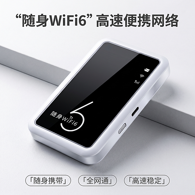 [主图 1] 随身WIFI6产品首图，居中科技展示。
[氛围风格] 现代简约科技风，高级冷感质感
[画质] 商业摄影质感，光线通透，产品清晰真实，画面干净高级
[元素] 白色随身WIFI6产品居中放置，倾斜15度摆放，产品占画面约70%，极简浅灰色磨砂质感台面背景。保持随身WIFI外观结构材质颜色与输入图片绝对一致，杜绝任何变形和色差，精细化处理。产品边缘保留高光线带，凸显塑料和玻璃屏幕质感。
[光影] 冷调真实光影，侧逆光塑形，边缘高光反射，背景干净，没有多余杂物，主体突出，对比清晰
[配色] 主色调浅灰色+产品白色，极简冷调
[视角构图] 平视四分之三视角，主体突出，产品完整不裁切
[文字版式] 顶部居中，主标题{随身WiFi6} 高速便携网络，深灰色粗体大字；底部三个圆角胶囊卖点：「随身携带」「全网通」「高速稳定」，小号灰色文字清晰排列。所有文字不遮挡产品主体。
[比例分辨率] 1:1 比例，2k分辨率，文字清晰可辨，超高清
[负向提示词] 变形，水印，文字错乱，产品模糊，背景杂乱，色差，遮挡主体