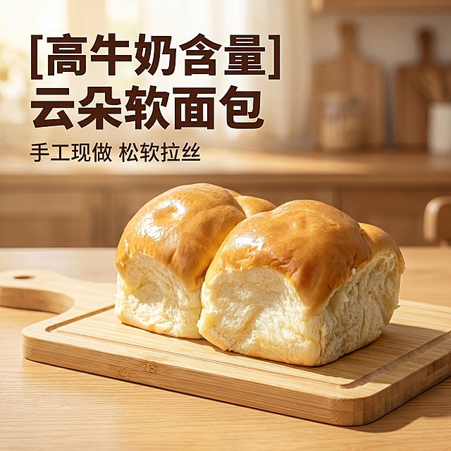 [主图 1] 云朵牛奶面包首图，场景化展示
[氛围风格] 自然清新，突出食欲感和新鲜烘焙氛围
[画面元素] 商业摄影质感、光线柔和通透、产品清晰真实、画面干净高级。使用新上传产品图，保留面包本身的金黄色泽和松软蓬松的内部组织，将两个云朵牛奶面包并排摆放在浅木色竹制砧板上，突出拉丝绵密的质感。背景为干净温馨的浅木色餐桌，自然暖阳逆光，营造手工新鲜健康的氛围。产品完整居中，大图无边框
[配色色系] 主色调：暖金黄色（面包）、浅木色（砧板/背景）；辅助色：奶白色（面包内心）
[视角构图] 平视角度，景深适中，主体突出
[文字版式] 左上负空间左对齐，保留安全边距。主标题 “[高牛奶含量] 云朵软面包” 深棕色粗体，字号最大。副标题 “手工现做 松软拉丝” 字号约为主标题一半，深棕色。文字不遮挡主体，清晰易读
[比例分辨率] 1:1 比例，2k 分辨率，超高清，文字清晰可辨
[负向提示词] 变形，水印，文字错乱，产品图模糊，背景杂乱，牛皮癣，配色刺眼