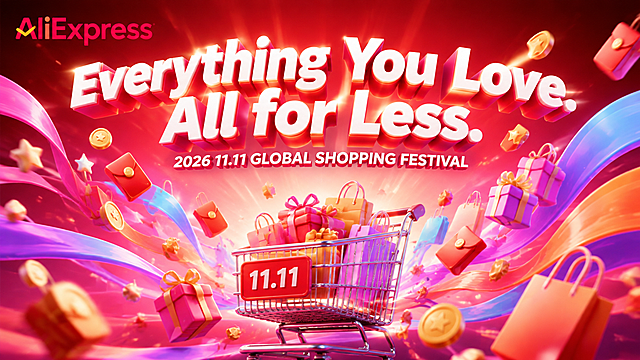 AliExpress 2026 11.11 Global Shopping Festival main KV poster, horizontal 16:9 composition. 3D rendering style, vibrant and festive global shopping carnival atmosphere. Top left corner features the red AliExpress logo. Center features the main slogan as the largest most prominent text: "Everything You Love. All for Less." in bold white 3D letters, making it the absolute visual focal point. Below the slogan, in smaller but still clear text, the event title "2026 11.11 GLOBAL SHOPPING FESTIVAL". Background is a dynamic radial gradient from deep red to pink and purple, with glowing light rays radiating outward. Central visual element: a 3D shopping cart filled with gift boxes, red envelopes, and shopping bags, surrounded by colorful flowing ribbons in pink, purple, blue and orange gradients. Floating 3D elements include: gold coins, red envelopes, gift boxes with bows, shopping bags, stars, and sparkles. Perspective view with depth, foreground elements slightly blurred. Bottom area has subtle light effects and floating decorative elements. Overall color palette: brand red, hot pink, purple gradient, with gold and orange accents. Modern, energetic, premium e-commerce festival aesthetic. The slogan "Everything You Love. All for Less." is the biggest text on the poster, much larger than the event title. Clean typography, high readability. No Chinese text, all text in English. Ultra detailed, 2K quality, cinematic lighting.