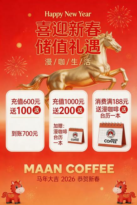 红色喜庆的马年新春储值活动海报，背景是一匹奔腾的金色骏马，整体风格现代且富有节日氛围。海报顶部是英文“Happy New Year”和中文“喜迎新春 储值礼遇”作为主标题，下方有小字“漫 /咖 /生预览效果