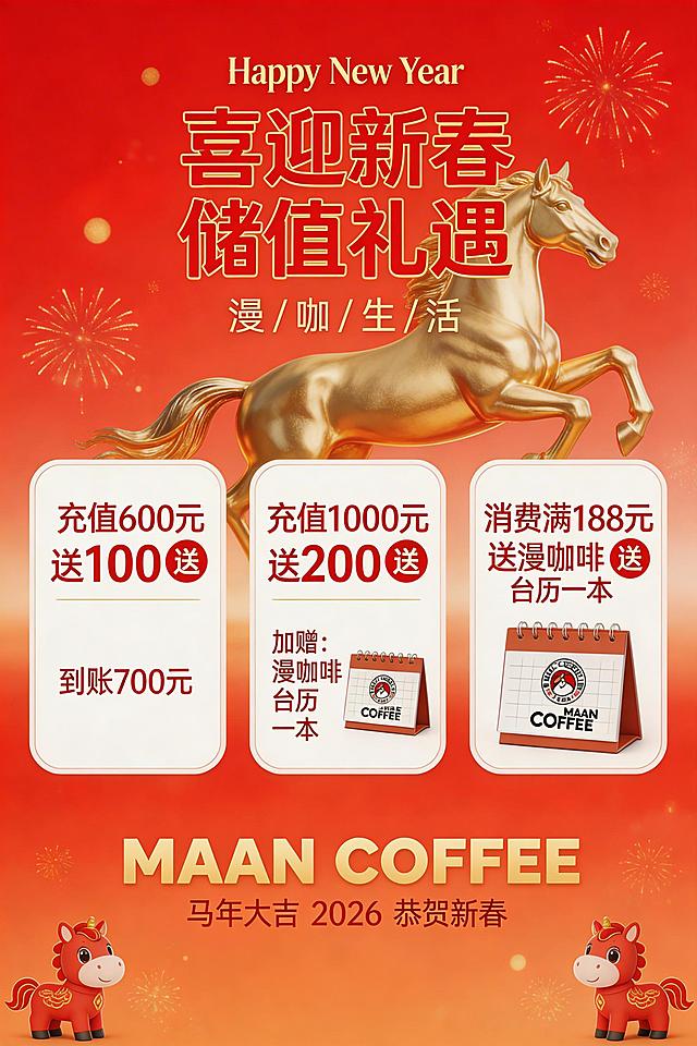 红色喜庆的马年新春储值活动海报，背景是一匹奔腾的金色骏马，整体风格现代且富有节日氛围。海报顶部是英文“Happy New Year”和中文“喜迎新春 储值礼遇”作为主标题，下方有小字“漫 /咖 /生 / 活 ”。中间是三个白色卡片式的优惠信息框，分别列出：充值600元送100元；充值1000元送200元，加赠漫咖啡台历一本；消费满188元送漫咖啡台历一本。每个优惠项旁配有红色的“送”字图标和台历图片。底部标注品牌“MAAN COFFEE”，以及“马年大吉 2026 恭贺新春”的字样，点缀有金色的烟花和红色的小马装饰。整体色调以红色和金色为主，营造出热烈、高端的新年促销氛围。