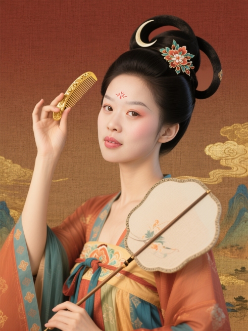 人物梳着唐代发髻，额间画花钿，画弯弯的月棱眉、搭配唐朝小唇妆，眼侧腮红，加上插梳金饰，身穿色彩鲜艳的唐朝女仕服装，手上拿着扇子，古风影视海报质感，暖棕红渐变背景，鎏金山水云纹，整体是浓郁的盛唐气息预览效果