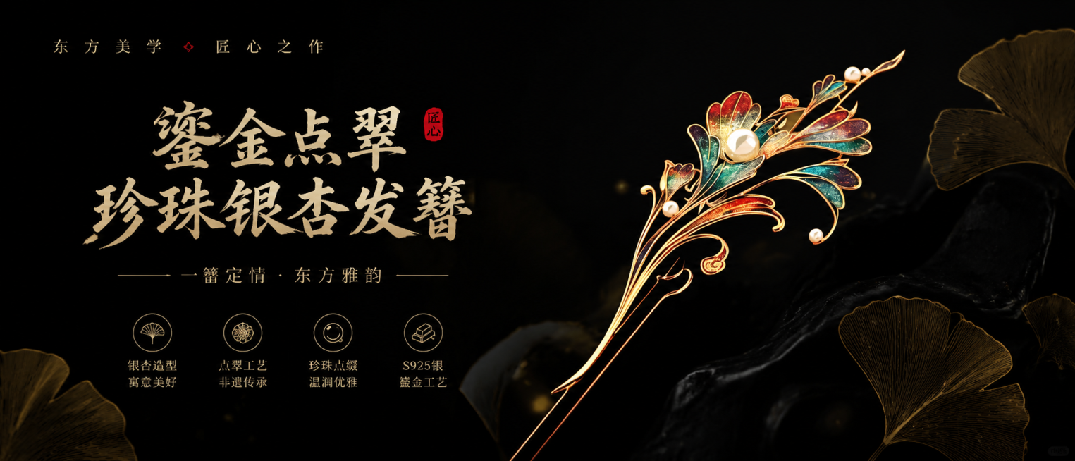 生成一张中国风汉服发簪宣传图，展示精致的鎏金点翠珍珠银杏发簪，黑色高端背景，宣传风格，适合商业宣传使用预览效果