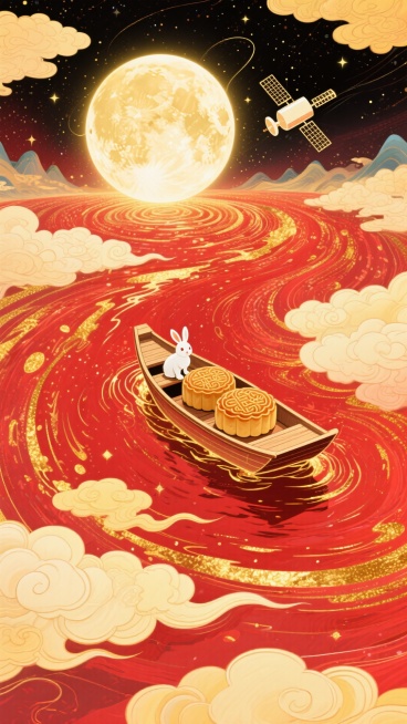 梦幻奇幻风格插画，全景，小船（漂浮在红金色河流上，船上有玉兔和两个月饼 ）居画底部，星空漩涡从小船向四周扩散成漩涡状星空（红金色交织） ，中央巨大的发光满月，卫星，超现实的星空河流世界，梦幻感，色彩以预览效果