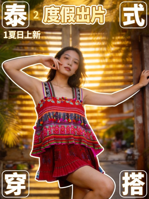 参考图1的人物形象，保持人物姿势和表情不变。将人物身上的衣服替换为图2中的红色民族风刺绣吊带上衣，保留原图衣服的版型，细节完全参照图2。
完整展示从头顶到胸部以上的特写，头顶上方保留明显留白（头顶距上预览效果