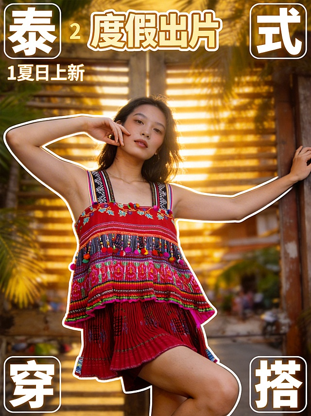 参考图1的人物形象，保持人物姿势和表情不变。将人物身上的衣服替换为图2中的红色民族风刺绣吊带上衣，保留原图衣服的版型，细节完全参照图2。
完整展示从头顶到胸部以上的特写，头顶上方保留明显留白（头顶距上边缘约15%），人物占据画面中心。
人物脸部均匀提亮美白，不假白，自然磨皮不假面，均匀肤色（去除瑕疵、痘痘、红血丝）通透光泽（自然皮肤高光，清透提亮），去油光（T区哑光）。
人物边缘添加白色细实线外描边。
主标题："泰式穿搭"。
副标题1："夏日上新"。
副标题2："度假出片"。
四角构图。
左上区域：放置主标题第一个字泰，紧贴左上角，人物叠压在文字上方，单字占画面宽度40%以上。
右上区域：放置主标题第二个字式，紧贴右上角，人物叠压在文字上方，单字占画面宽度40%以上。
左下区域：放置主标题第三个字穿，紧贴左下角，文字叠压在人物上方，单字占画面宽度40%以上。
右下区域：放置主标题第四个字搭，紧贴右下角，文字叠压在人物上方，单字占画面宽度40%以上。
中间区域：人物主体居中，副标题1位于左上文字正下方，副标题2位于右下文字正上方，字号极小起装饰作用。
主标题字体样式：超粗重磅无衬线粗体，笔画厚实饱满，边缘清晰锐利，视觉冲击力强，白色，超大字号，细实线外描边，描边颜色为高明度米白色，严禁遮挡人物面部及主体。
副标题1字体样式：超粗重磅无衬线粗体，笔画厚实饱满，边缘清晰锐利，浅黄色，小字号，细实线外描边，描边颜色为高明度米黄色，严禁遮挡人物面部及主体。
副标题2字体样式：超粗重磅无衬线粗体，笔画厚实饱满，边缘清晰锐利，浅黄色，小字号，细实线外描边，描边颜色为高明度米黄色，严禁遮挡人物面部及主体。
泰国街道热带风情场景，椰树棕榈叶环绕，金色夕阳氛围，背景适当虚化处理。
泰式夏日穿搭分享。
负向提示：(禁止重复文字:1.4)，(禁止同一文字多次出现:1.4)，(无额外无关文字:1.4)，(文字乱码、变形、位置偏移:1.3)，(人体结构畸形、人物比例失调:1.3)，(肢体关节错位、手部畸形:1.3)，(五官错位、画面穿模:1.2)，(画质模糊、画面崩坏、低分辨率噪点:1.1)。
画面比例：3:4。
