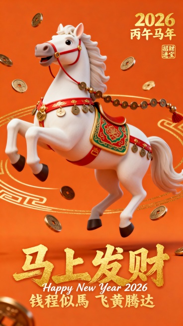 纯3D萌趣风格，国潮风，橙色背景，烫金线条与装饰纹样。 悬空的马的：昂首奔腾的白色骏马身披红金绿传统纹样鞍具（身上装饰铜钱，铜钱串翻飞）。底部横排主标题为「马上发财」（烫金加粗书法字体毛笔笔触），下方预览效果