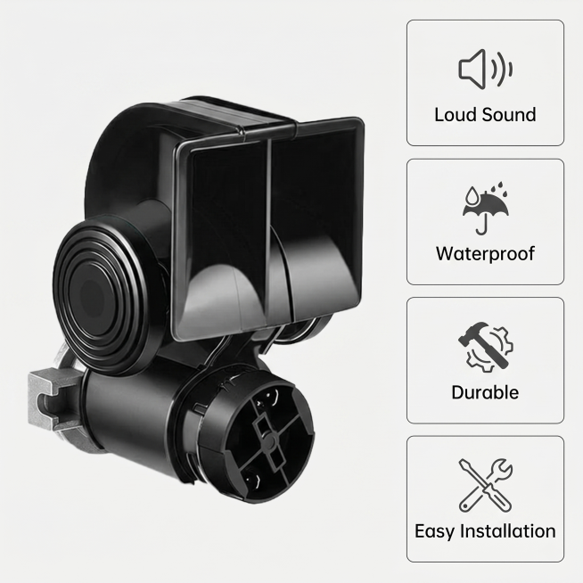 [主图 3] 12V Car Air Horn core features display. Bento grid layout, 4 feature cards with English text预览效果