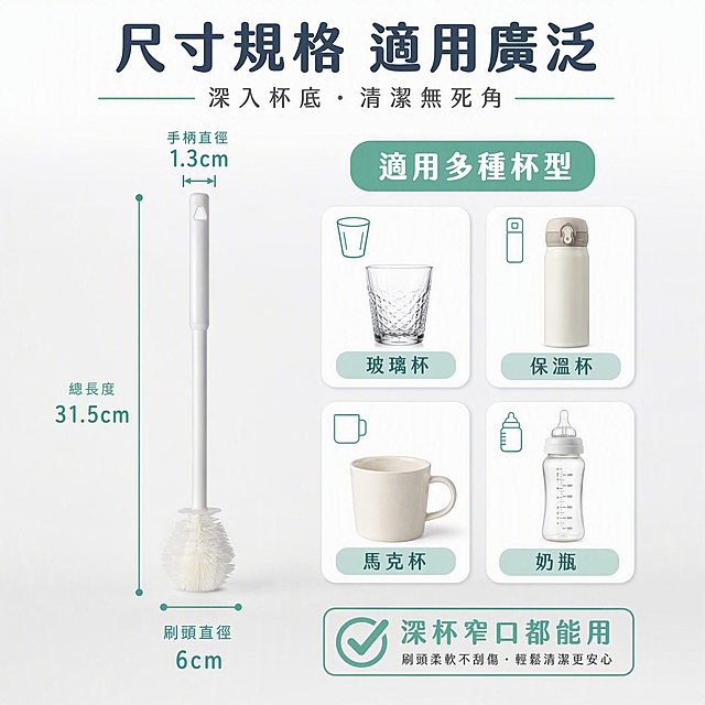 [主图-5] 尺寸规格与适用范围，展示产品详细尺寸和适用的杯型范围，帮助用户快速判断是否适合自己的杯子。
[统一基调] 台湾虾皮电商主图，1:1正方形，繁体中文可见文案，明亮洁净信息图风格，信息密度中高；主色白+浅灰+薄荷绿，标题深灰蓝，辅助中灰，强调薄荷绿；圆润无衬线黑体，圆角规格卡片，线性图标。
[画面] 左侧是杯刷正面完整展示，旁边标注详细尺寸：总长度31.5cm、刷头直径6cm、手柄直径1.3cm，尺寸线清晰标注；右侧是适用杯型展示区，用图标加小图形式展示4种适用杯型：玻璃杯、保温杯、马克杯、奶瓶，每个杯型配小图和名称；背景为浅灰到白色渐变，干净整洁。
[光影质感] 棚拍产品图质感，光线均匀柔和，产品清晰立体，尺寸标注线清晰，杯型图标简洁明了。
[配色] 背景浅灰白渐变，尺寸线和标注用薄荷绿，标题深灰蓝，杯型卡片用白色圆角轻阴影。
[文字版式] 顶部主标题「尺寸規格 適用廣泛」；左侧尺寸标注数字清晰，单位cm；右侧四个杯型卡片横排两列，分别写「玻璃杯」「保溫杯」「馬克杯」「奶瓶」；底部补充「深杯窄口都能用」。
[输出要求] 1:1比例，尺寸标注准确清晰，杯型图标易懂，文字全部繁体中文，无水印无错字，产品外观与输入图一致。