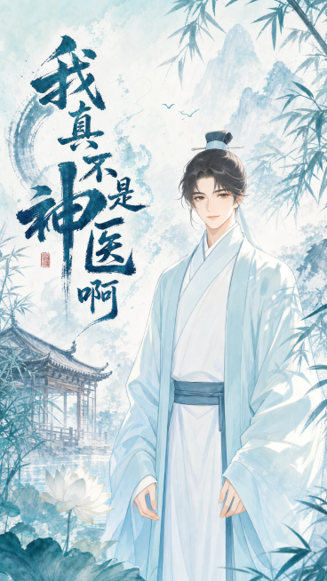 漫剧封面，古风男性大夫形象，基于参考图中的古装男子，非纯白色淡青水墨背景，添加书名文字“我真不是神医啊”，古风国漫风格预览效果