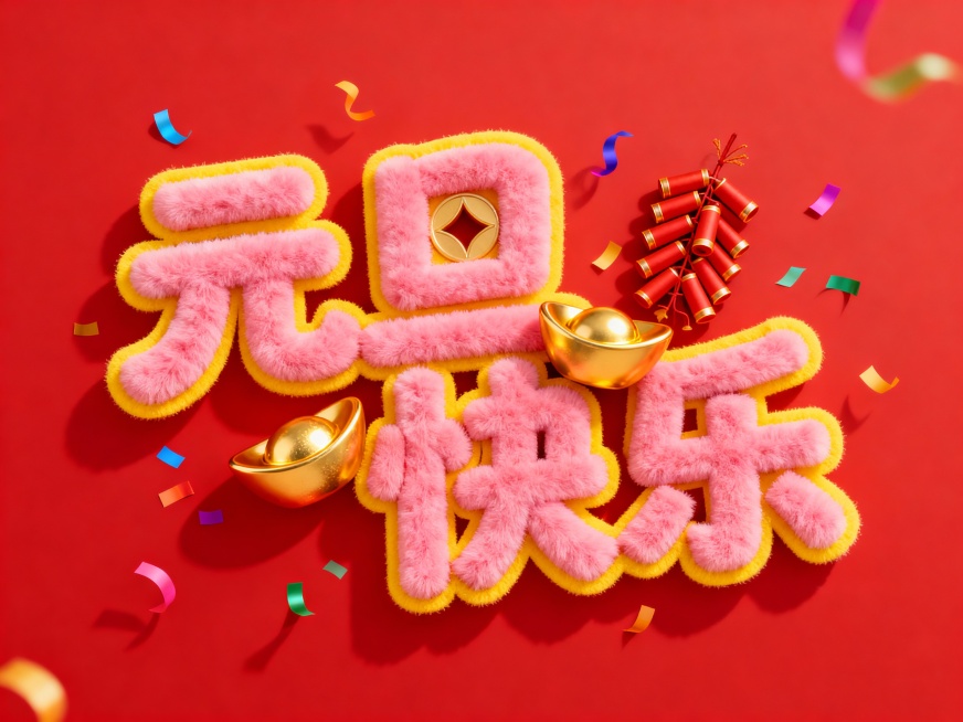 “元旦快乐”毛绒艺术字，粉字黄边，嵌入金元宝、鞭炮元素，点缀彩带装饰，红色背景。预览效果