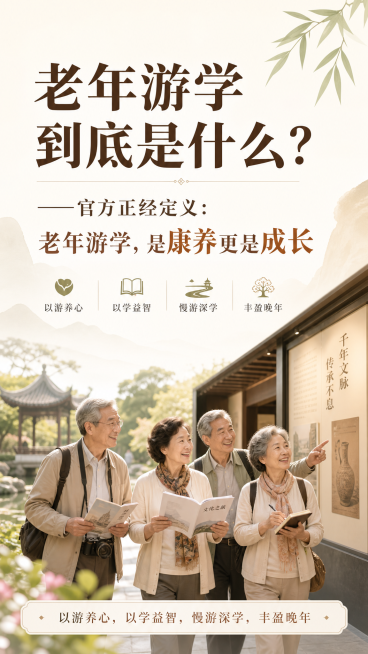 科普图文封面，标题为“老年游学到底是什么？——官方正经定义：老年游学，是康养更是成长”，副标题为“以游养心，以学益智，慢游深学，丰盈晚年”，背景是温馨的中老年文化游学场景，风格简约大方，适合公众号科普预览效果