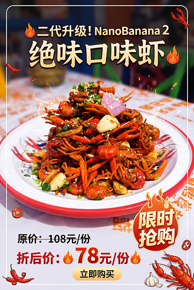 为二代口味虾制作电商促销海报，标注原价108元/份，折后价78元/份，突出产品展示