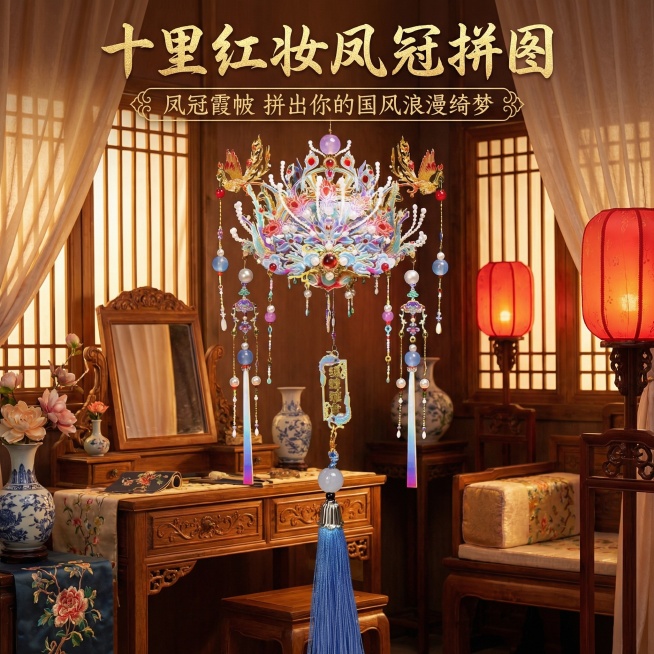 这是一款十里红妆凤冠拼图，换一个背景，温馨一点，添加【十里红妆凤冠拼图】【凤冠霞帔 拼出你的国风浪漫绮梦】文字，凤冠的款式颜色数量都不要发生改变预览效果