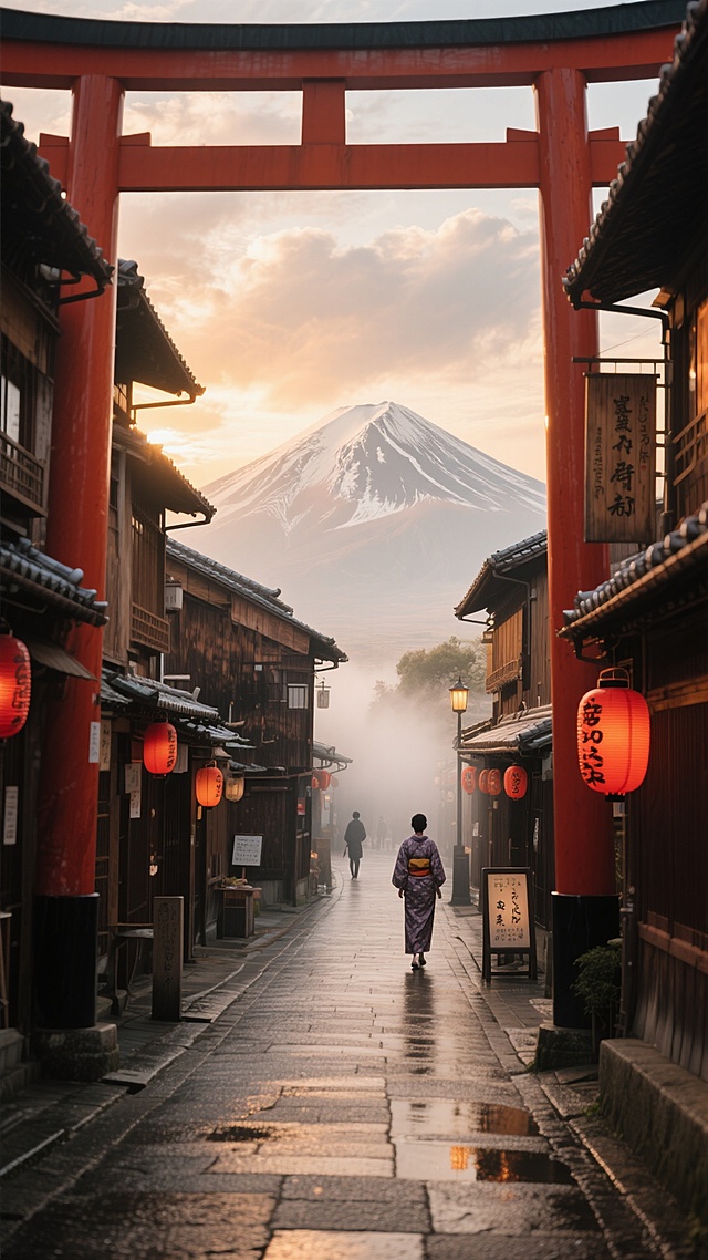 清晨薄雾笼罩的京都古街，两侧是传统日式木构建筑，朱红色鸟居点缀其间，石板路上偶有穿着和服的行人走过，远处可见朦胧的富士山轮廓，温暖柔和的晨光从云层中洒落，照亮古朴的木质招牌和挂着的红灯笼，街道湿润泛着微光，营造出宁静悠远的东方韵味，整体采用写实风格，色彩以暖橙色和深棕色为主调，光影柔和，景深效果明显，视觉焦点集中在街道尽头的富士山，具有清晰的视觉层级和信息传达效率。