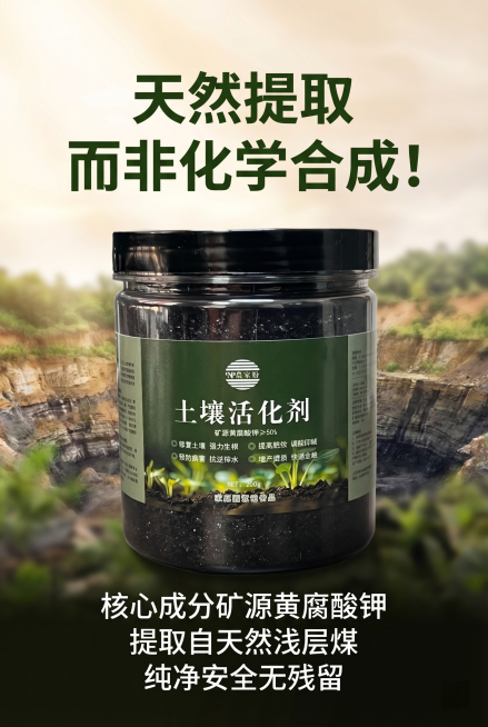 [详情图2] 产品核心成分与来源介绍
画面内容：产品居中展示，周围搭配天然浅层矿场的背景图，虚化处理，突出产品。标注提取来源为天然浅层煤。
风格：专业天然风，商业摄影质感，光线柔和通透
文字版式：顶部预览效果