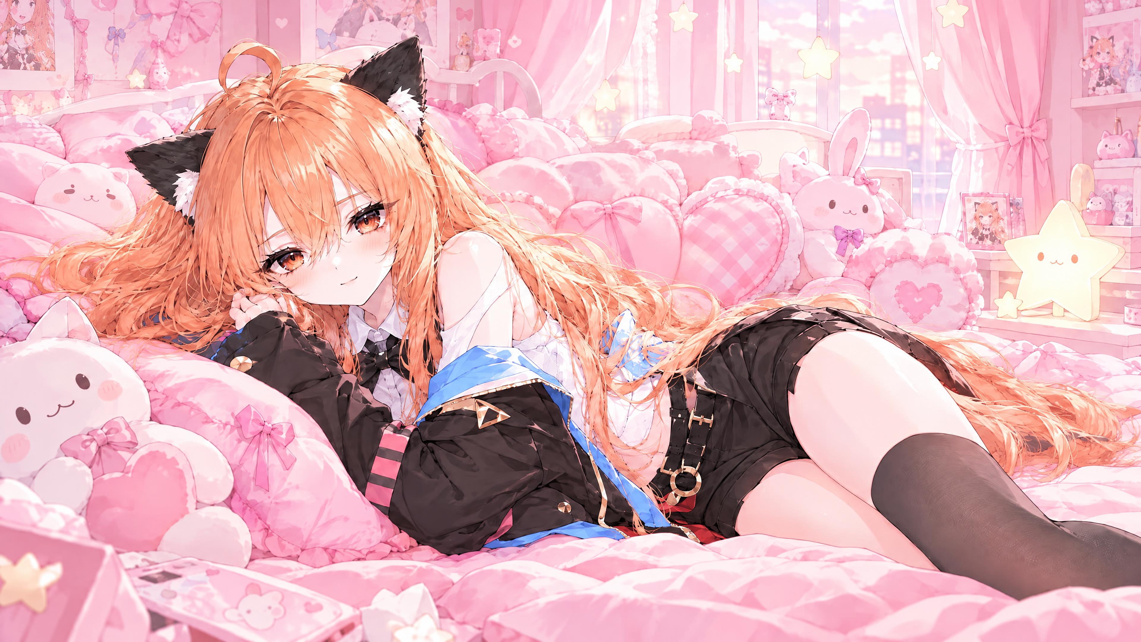 保留图中橘色长发猫耳少女的外貌特征，去掉背后的恶魔翅膀。少女慵… - 图片创意预览
