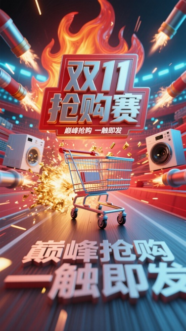 采用热血竞技风格，主色调为火焰红与电光蓝，画面呈现激烈的购物赛场，有写着 “双 11 抢购赛” 的立体金属标语牌，赛场中央是飞速滑动的购物车，周围飞溅着代表优惠的金色火花，各类数码、家电等热门商品如炮预览效果