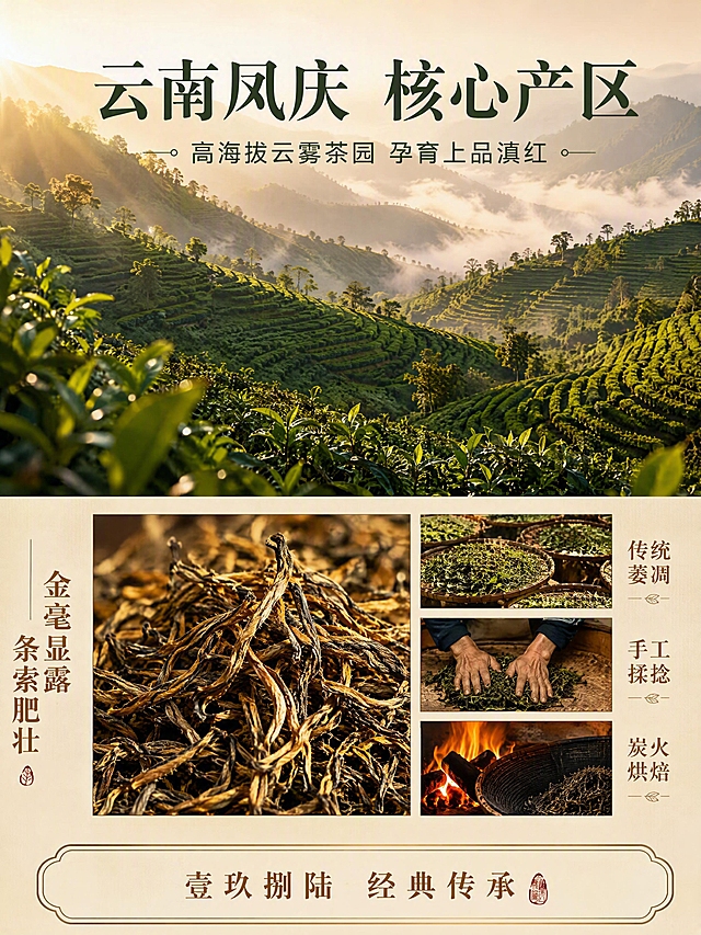 [第3张] 详情页产地原料展示-云南滇红原料与工艺。本张为文生图，不使用产品图，重点展示茶园产地与茶叶原料。
[氛围/风格] 自然原生态，云南高山茶园风光，温暖自然光，真实摄影质感。
[元素布局] 上半部分为云南高山茶园全景（占画面约50%），层层叠叠的茶树梯田，晨雾缭绕；下半部分左侧为滇红茶叶原料微距特写（金毫显露的干茶条索，占画面约30%），右侧为传统制茶工艺示意（手工揉捻、炭火烘焙小图组合）；整体原料与产地元素主视觉合计占比≥60%。
[光影质感] 清晨暖金色自然光，茶园有晨雾丁达尔效应，干茶特写侧光突出条索纹理，整体自然通透。
[配色色系] 全局底色 #F0E6D2 暖茶调；主色森林绿 + 暖棕；辅助色金黄、米白。
[视角构图] 上下分屏构图，上宽下窄，阅读动线从上到下，从产地到原料到工艺。
[文字版式] 上半部分茶园图上叠加主标题「云南凤庆 核心产区」，副标题「高海拔云雾茶园 孕育上品滇红」；下半部分左侧干茶图配文「金毫显露 条索肥壮」；右侧工艺三小图配标签「传统萎凋」「手工揉捻」「炭火烘焙」；底部横条标注「壹玖捌陆 经典传承」。字体：宋体标题 + 黑体正文，字色深绿 + 暖棕。
[比例分辨率] 3:4 竖版比例，4K 分辨率，文字清晰可辨，高清画质。
[负向提示词] 画面模糊，人物乱入，水印，文字错乱，茶叶不真实，茶园场景虚假。