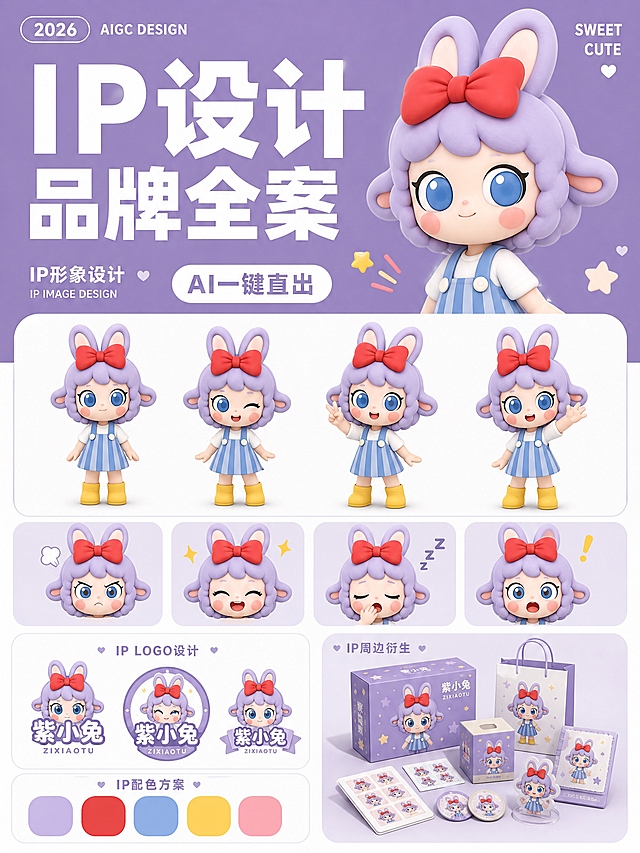 IP设计品牌全案排版海报，3:4竖版，参考樱小莓IP设计品牌全案海报的排版结构但不完全一样，使用紫色短卷发兔耳小羊IP形象，严格保持IP一致性：紫色短卷发（无羊毛卷毛绒质感，顺滑短卷发）、头顶两只兔耳、红色大蝴蝶结在头顶正前方、蓝色大眼睛、粉色腮红、蓝白竖条纹背带裙、黄色靴子。顶部紫色背景区域：左上角写"2026 AIGC DESIGN"，中间大字体白色文字"IP设计 品牌全案"，右上角写"SWEET CUTE"，顶部右侧主视觉为小羊3D潮玩手办半身像（泡泡玛特风格，哑光树脂材质）。中间白色区域分为四部分：第一排展示4个不同姿势的小羊3D潮玩手办全身图（正面站立、眨眼wink、比耶手势、挥手打招呼）；第二排展示4个不同表情的小羊Q版头像（生气鼓腮、开心大笑、犯困打哈欠、惊讶震惊）；第三排左侧展示3个IP logo设计（包含小羊头像和"紫小兔"文字），右侧展示小羊IP的周边衍生产品（包装盒、手提袋、贴纸、徽章等）。底部展示5个配色色卡（浅紫色、大红色、天蓝色、鹅黄色、粉色）。整体配色以紫色和蓝色为主色调，风格可爱软萌，排版整洁专业，画面完整不裁切