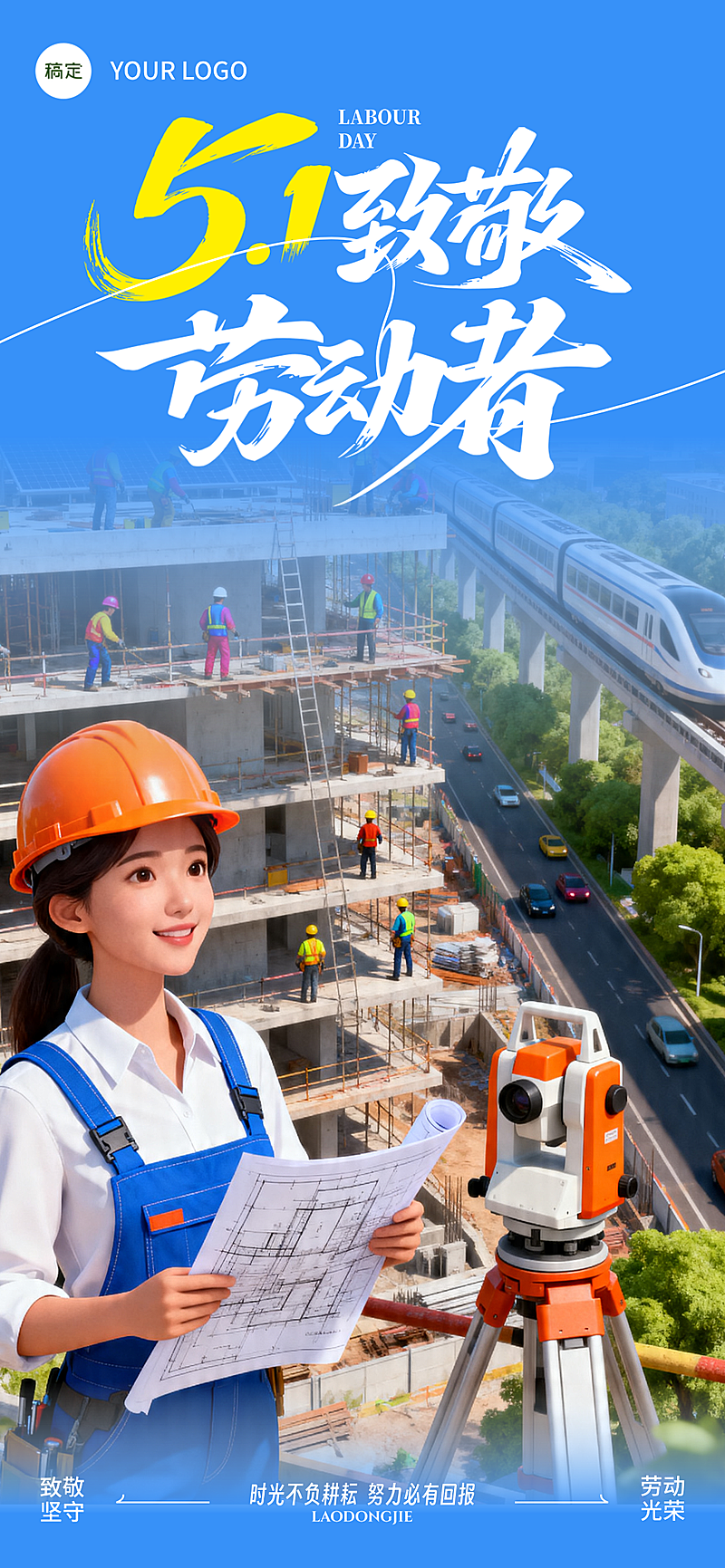 五一劳动节致敬劳动者节日祝福全屏竖版海报