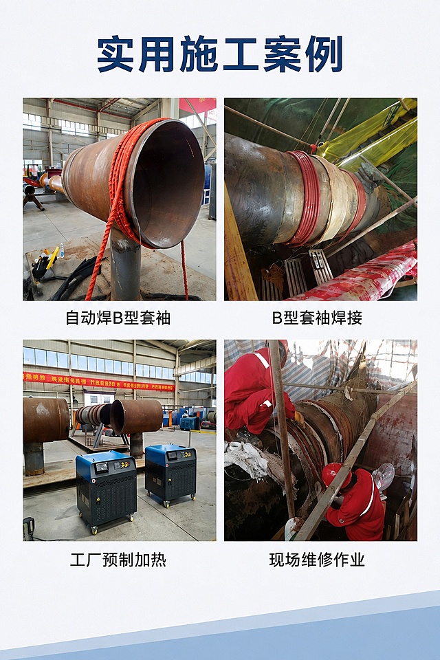 [第7屏] 详情页实用案例展示屏，展示管道中频加热器施工现场实拍案例。本屏使用【图8】【图9】用户提供的施工现场图片。
[氛围/风格] 真实场景展示，专业可信，工业现场风格。
[元素布局] 顶部大标题「现场施工案例」，下方四宫格排列四张施工现场图，每张图下方标注案例说明文字；图片展示真实使用场景，排列整齐，占比约80%，文字在图片下方。
[光影质感] 保留现场真实光影，图片清晰，文字清晰，整体干净整齐。
[配色色系] 全局底色 #F5F7FA，主色深蓝标题，黑色说明文字。
[视角构图] 从上到下，图片宫格排版，阅读动线清晰。
[文字版式] 顶部标题「实用施工案例」，四张图分别标注：自动焊B型套袖、B型套袖焊接、工厂预制加热、现场维修作业；文字居中，字号适中清晰。
[比例分辨率] 9:16 竖版比例，4K分辨率，文字清晰可辨，高清画质。
[负向提示词] 图片变形，文字错乱，文字过小，排列歪斜，水印。