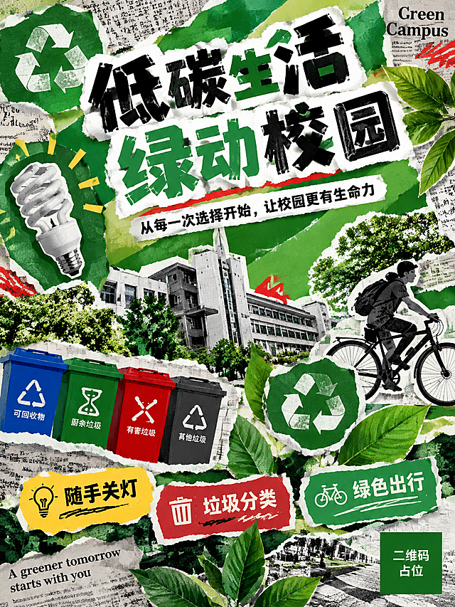达达主义拼贴撕拉风格校园绿色海报，以低碳生活为切入点，画面充满视觉张力。画面采用撕纸、拼贴、错位叠印的达达主义手法，纸张撕裂边缘粗糙明显，多层素材不规则叠加，有强烈的手工拼贴质感和破碎感。主色调为绿色系（深绿、草绿、薄荷绿）搭配黑白报纸纹理、红色撞色点缀，形成强烈的视觉冲击。画面元素：撕裂的校园建筑剪影、绿色树叶拼贴、回收标志、自行车剪影、节能灯泡、垃圾分类桶，所有元素以不规则角度倾斜拼贴，部分区域露出底层的旧报纸文字纹理。主标题大字"低碳生活 绿动校园"采用撕纸拼贴字体，笔画有撕裂毛边效果，位置偏上居中，字号巨大有冲击力。副标题"从每一次选择开始，让校园更有生命力"位于主标题下方，字体较小。画面中下部有三个撕纸形状的信息标签，分别写着"随手关灯"、"垃圾分类"、"绿色出行"，标签颜色各异，错落排列。整体构图不对称、有动感，元素互相穿插重叠，充满达达主义的反叛与张力，版式精美。画面中所有信息区域必须填充完整合理的内容，不得出现空白框或待填写区域。画面中所有二维码区域使用纯色方块占位符呈现，方块中央标注"二维码占位"文字，严禁生成任何可识别的二维码图案。