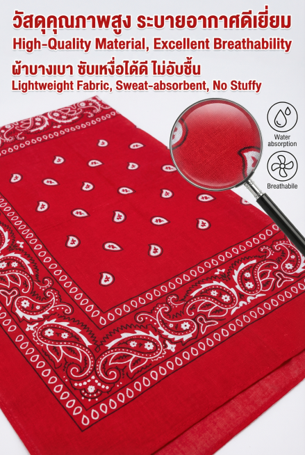 2:3 竖屏，TikTok Shop 泰国站详情页第二屏，严格还原上传的产品图（红色腰果花印花海盗头巾帽，头部包裹区约 28cm×20cm，尾部系带长度约 35cm，尺寸比例保持 1:1，包括包装设计预览效果