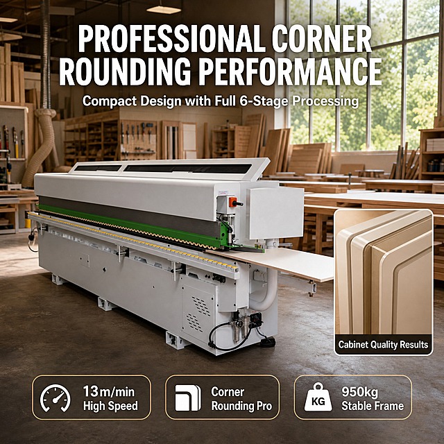 Amazon main image 5, woodworking workshop production scene. 6-stage corner rounding automatic edge banding machine GD-668 operating in a modern professional woodworking workshop interior, a white cabinet panel being fed through the machine. Bright natural light from large workshop windows, clean organized space with wooden cabinet panels, workbenches and storage racks in background. Machine occupies about 50% of frame, top covers closed. Top large title bold English "PROFESSIONAL CORNER ROUNDING PERFORMANCE", subtitle "Compact Design with Full 6-Stage Processing". Bottom horizontal 3 selling point capsules: "13m/min High Speed", "Corner Rounding Pro", "950kg Stable Frame". Right side has a small inset image showing finished cabinet doors with perfectly rounded edges and smooth finish, labeled "Cabinet Quality Results". Warm industrial tone, product naturally blends with scene, realistic lighting and shadow. Commercial photography level quality. 1:1 ratio. Negative: distortion, wrong text, blurriness, Chinese text, watermark, floating, distorted hands